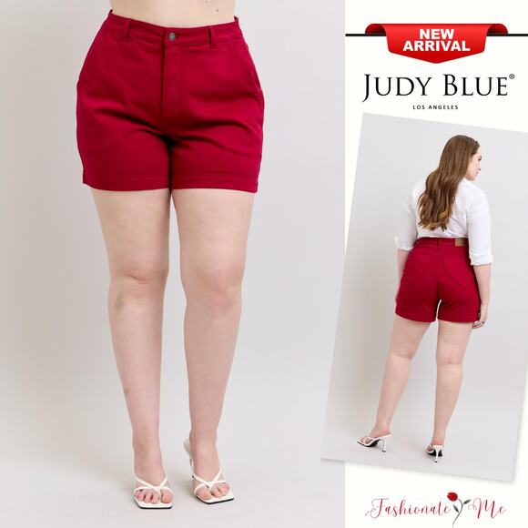 Judy Blue Plus Size High Rise Tummy Control Heart Shaped Design Shorts | Scarlet - Picture 1 of 11